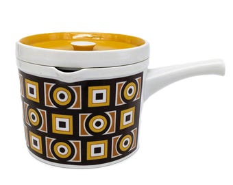 Vintage Imperial Sienna Ware Porcelain Saucepan with Lid | 1970s Mid Century Geometric Pattern Casserole | Oven Proof Ceramic Made in Japan