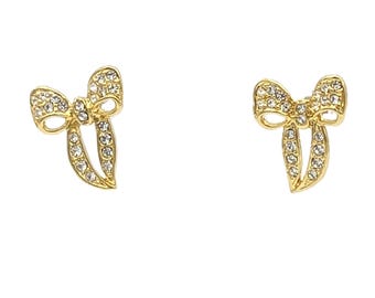 Vintage Bow Stud Earrings Gold Plated Crystals | Cute Studs Bow Paved with Rhinestones |  Gold Plated Earrings Classic Delicate Bows Sparkle