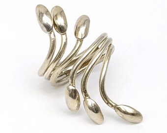 Vintage Sterling Silver Scroll Bypass Ring | Unique 925 Wrap Design with Oval Tips | Modernist Cocktail Statement Ring Size 8.5