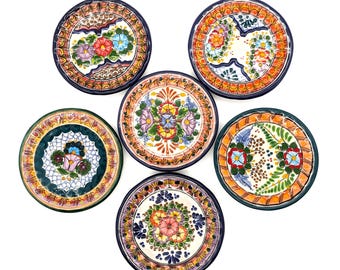 Hand-Painted Loza Poblana Ceramic Plates Set | Mexican Folk Art Floral Decor (Set of 6)