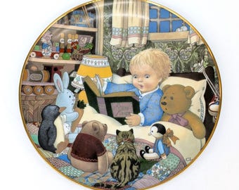Vintage Carol Lawson 'Storytime' Collector Plate: Franklin Porcelain Gold Rim Nursery Decor
