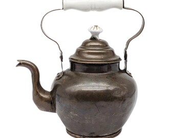 Antique Copper Kettle with White Ceramic Handle & Knob | Patinated Rustic Teapot Decor | Signed Vintage Farmhouse Cottagecore Display Piece