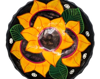 Vintage Mexican Bowl Talavera Sunflowers 10" | Large Ceramic Mexican Serving Bowl | Mexican Pottery Hanging Plate Rustic Decor Folk Art