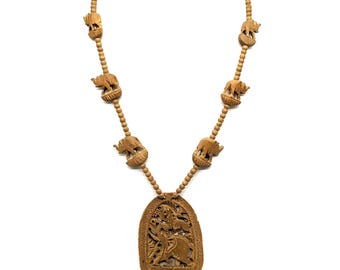 Vintage Hand Carved Wooden Elephant Necklace | African Lion Elephant Pendant | Long Tribal Necklace South African Yellowwood Beaded Jewelry
