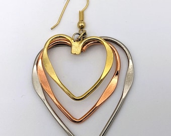 Vintage 80s Single Earring Multicoloured Heart Shaped Large | Hook Single Earring Gold Silver Copper Colours Heart | Large Single Earring