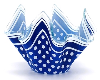 Vintage Glass Handkerchief Vase Candy Bowl | 70s Polka Dot Blue White England | Chance Brothers English Glassware Dish Vase Retro Glass