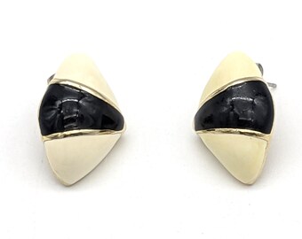 Black and Ivory Enamel Earrings 1980s  | Vintage Art Deco Revival Style Gold Tone Geometric Stud Earrings | Retro Modernist Jewelry Earrings