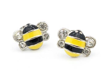 Vintage Bee Post Earrings | Cute Bee Earrings Black and Yellow Rhinestone | Sparkle Crystals Honey Bee Stud Earrings | Bumble Bee Jewelry