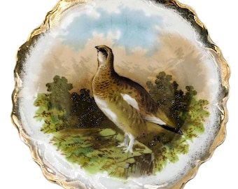 Antique Porcelain Game Bird Plate | Gold Trim Scalloped Edge Plate Bird Design | Early 1900s Bavarian Style Wall Decor Plate Wall Hanger