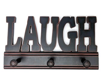 Rustic Wooden Laugh Wall Hook | Coat Rack Hanger | Farmhouse Dark Brown Entryway Organizer | Vintage Wall Mounted Wall Home Decor 12.5"