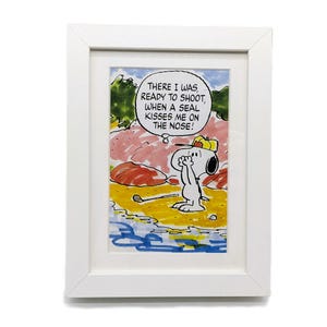Vintage Snoopy Golf Print in White Frame | Peanuts 1990s Book Art | A Kiss on the Nose Turns Anger Aside | 5x7 Wall Decor | Tabletop Decor