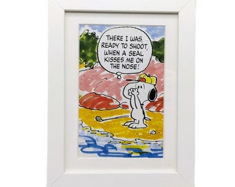 Vintage Snoopy Golf Print in White Frame | Peanuts 1990s Book Art | A Kiss on the Nose Turns Anger Aside | 5x7 Wall Decor | Tabletop Decor
