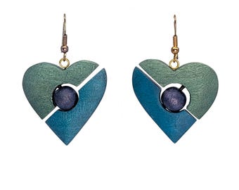 Vintage Wooden Heart Earrings Two Tone Green | Boho Dangle Earrings Purple Bead