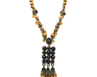 Vintage Boho Mookaite Jasper Necklace | Brown Rhinestone Wood & Metal Dangle Pendant | Unique Hippie Fringe Gemstone Statement Jewelry