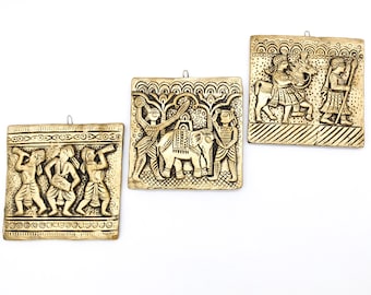 Indian Terracotta Scene Wall Plaques Set of 3 | Vintage Replica of Ancient India Art Wall Decor | South Asian Folk Art Wall Hangings