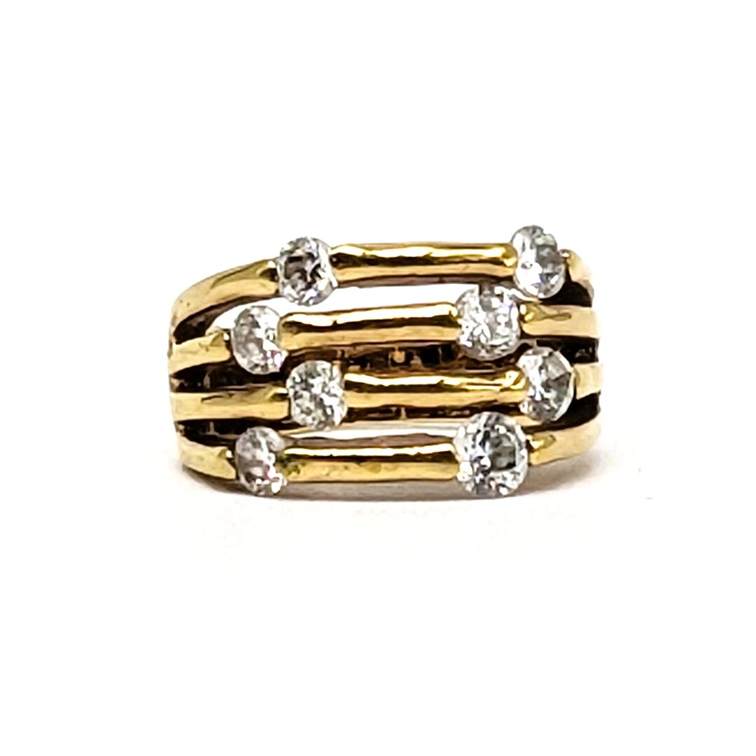 Vintage Ring Gold Tone Cubic Zirconia | Bamboo Design 4 Tier Split ...