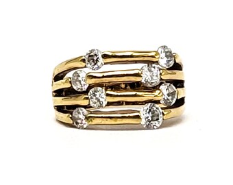 Vintage Ring Gold Tone Cubic Zirconia | Bamboo Design 4 Tier Split Shank Ring | RSC Signed Statement Cocktail Ring Size 5.75 Elegant Ring