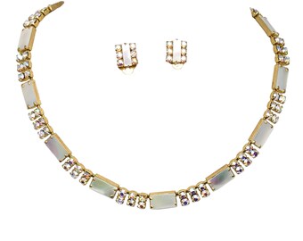 Vintage Mother of Pearl Necklace & Earrings Set | Gold-Tone Aurora Borealis Rhinestone Jewelry | Bridal or Special Occasion Gift Jewelry Set