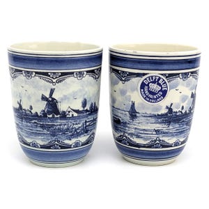 2 Delft Blue Cups Hand Painted W Sticker | 1980s Signed Dutch Ceramic Drinking Cups 8oz | Classic Dutch Windmill & Shoreline Scenes Decor