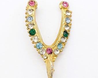 Golden Brooch Wishbone Brass Jewellery Small Brooch Rhinestone Multi Color Pin Gold Metal Bone Unique Gift Her Accessory 1950 Brooch Vintage