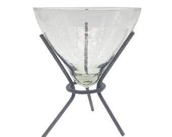 Handblown Glass Cone Planter Pedestal Plant Pot | Mid-Century Modern Desktop Cone Serving Bowl Metal Stand | Glass Cone Candle Holder Rustic