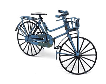 Vintage Rustic Blue Mini Metal Bike Figurine | Handmade Tin Bicycle Model Decor | Moving Wheels Handlebar and Crank Arm Perfect Gift