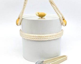 Nautical Ice Bucket: White Melamine, Rope Handles, PPL Italy Tongs Vintage