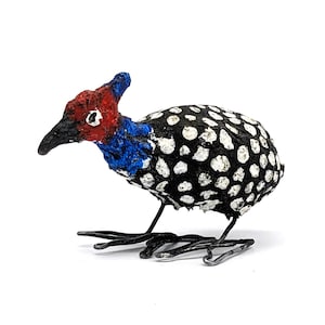Handmade Paper Mache Guinea Fowl Sculpture 2in Tall Zimbabwe Folk Art Bird Decor | Vintage Tiny Guinea Hen Figurine | Wire Leg Polka Dot