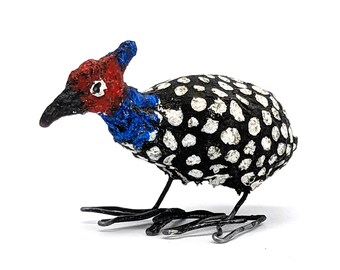 Handmade Paper Mache Guinea Fowl Sculpture 2in Tall Zimbabwe Folk Art Bird Decor | Vintage Tiny Guinea Hen Figurine | Wire Leg Polka Dot