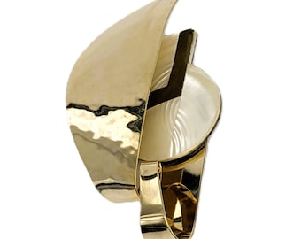 Vintage Brooch Mid-Century Modern Brass & Mother of Pearl Geometric | Large Hammered Gold Tone Pin | Unique MCM Retro Statement Jewelry Gift