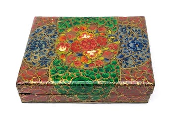 Vintage Trinket Box Hand Painted Kashmiri Paper Mache Lacquer Floral Collectible Box | Indian Jewelry Case | Boho Decorative Keepsake Unique
