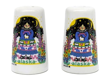 Vintage Alaska Kuspuk Woman Salt Pepper Shakers | 1996 A.C.E Porcelain Native Alaskan With Cute Rabbit Souvenir Ceramic Set Collectible