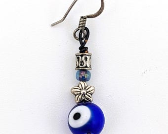 Vintage Evil-Eye Dangle Single Earring Silver Blue Tone | Glass Evil Eye Amulet Single Earring | Middle Eastern Blue/White Evil Eye Earring