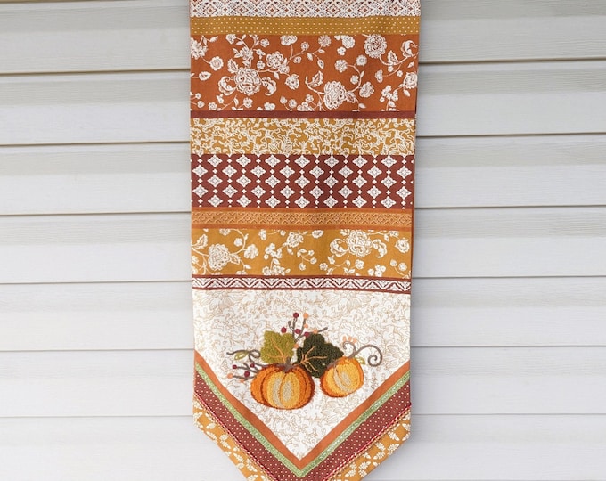 Featured listing image: Fall Table Runner Halloween Handcrafted Linen Pumpkin Embroidery Quilted Table Cloth Thanksgiving Autumn Decor Tablecloth Harvest Season