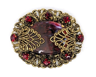 Vintage Victorian Revival Filigree Brooch|Red Marbled Glass & Ruby Red Rhinestones Pin| Gilded Brass Statement Brooch for Jacket Scarf Dress