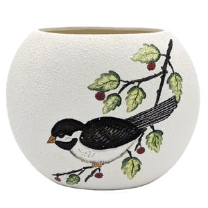 Vintage weiße Blumenvase Keramik Vogel Farbe | Meise In Einer Beerenbusch Dekorative Vase |  Handgefertigte Vogel Kissenvase