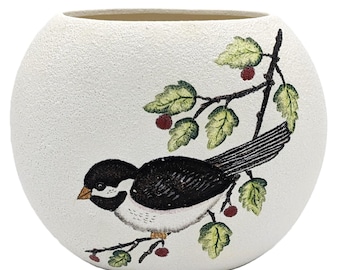 Vintage White Flower Ceramic Vase Bird Paint | Chickadee In A Berry Bush Decorative Vase |  Handmade and Hand Painted Bird Pillow Vase