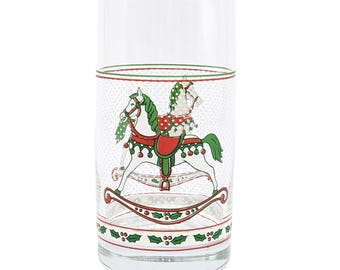 Vintage 1988 LSTC Christmas Rocking Horse Glass | Festive Red & Green Holly Tumbler | Single Replacement Cup 14 oz Xmas Holiday Decor Gift