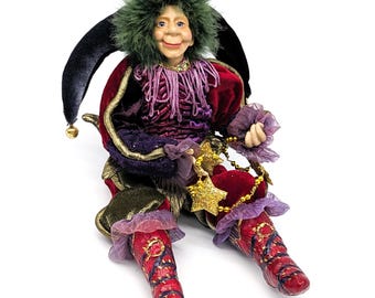Posable Jester Elf Figurine 15 in | Whimsical Court Fool Doll for Mardi Gras or Christmas Décor | Katherine’s Collection Style Sculpture