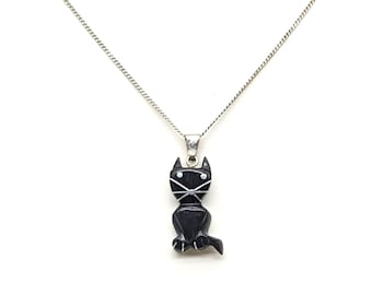 Mid-Century Black Cat Pendant Necklace: Sterling Silver Inlay, 925 Chain