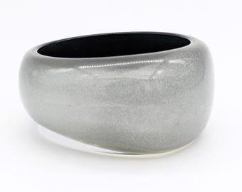 1960s Moonglow Lucite Bangle Bracelet | Vintage Chunky Asymmetrical Glitter Resin Cuff | Retro Silver Statement Jewelry Mid Century Accesory