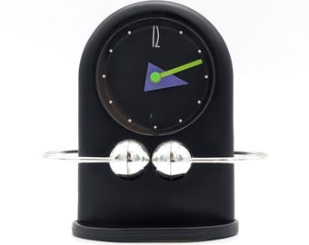 Vintage 1980s Desk Clock Black Silver Pendulum Working | Fun 80s Mantle Pendulum Table Top Clock | Retro Clock With Moving Globes Rare