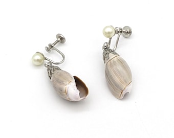 Vintage Natural Seashell Pearl Dangle Earrings | Real Shell Earrings Silver Boho Chic Earrings | Conch Earrings Vintage | Seashell Jewelry