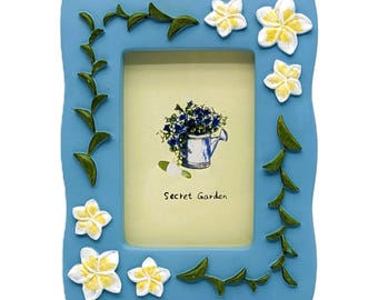 Vintage Secret Garden Blue Floral Plumeria Frame | 3D Clay Flowers 2.5 x 3.5 Photo Display | Rare Collectible Vintage Home Decor Gift Item