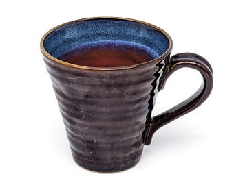Cozy Stoneware Sipper Rustic Brown & Blue Pottery Mug | Handcrafted Vintage  14 oz  Large Coffee Cup | Large Ceramic Hot Chocolate Mug