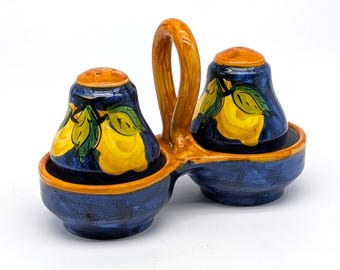 Italian Ceramic Salt and Pepper Shakers: Blue Lemon Design Hand-Painted