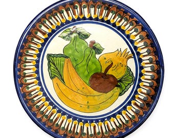 Vintage Mexican Talavera Pottery Plate | Fruit Design Wall Hanging Plate | Cobalt Blue Brown Yellow Display Plate 11" | Rustic Home Decor