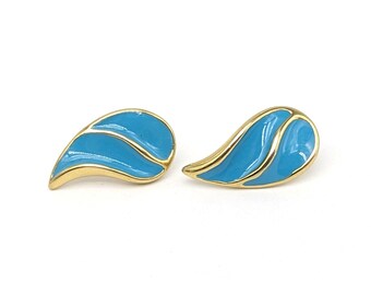 1980s Turquoise Enamel Teardrop Stud Earrings | Retro Swirl Gold Tone Accessory | Vintage Elegant Collectible Jewelry Gift Present Rare