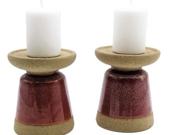 Vintage Candleholder Ceramic Set of 2 | Pilar Candlestick Holder |Stoneware Candle Stand Red Beige | Pottery Candle Holder Rustic Home Decor