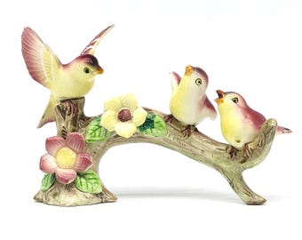 Vintage Japanese Porcelain Bird Figurine | Hand-Painted Three Songbirds on Branch | Mid-Century Collectible Home Décor Accent Made in Japan